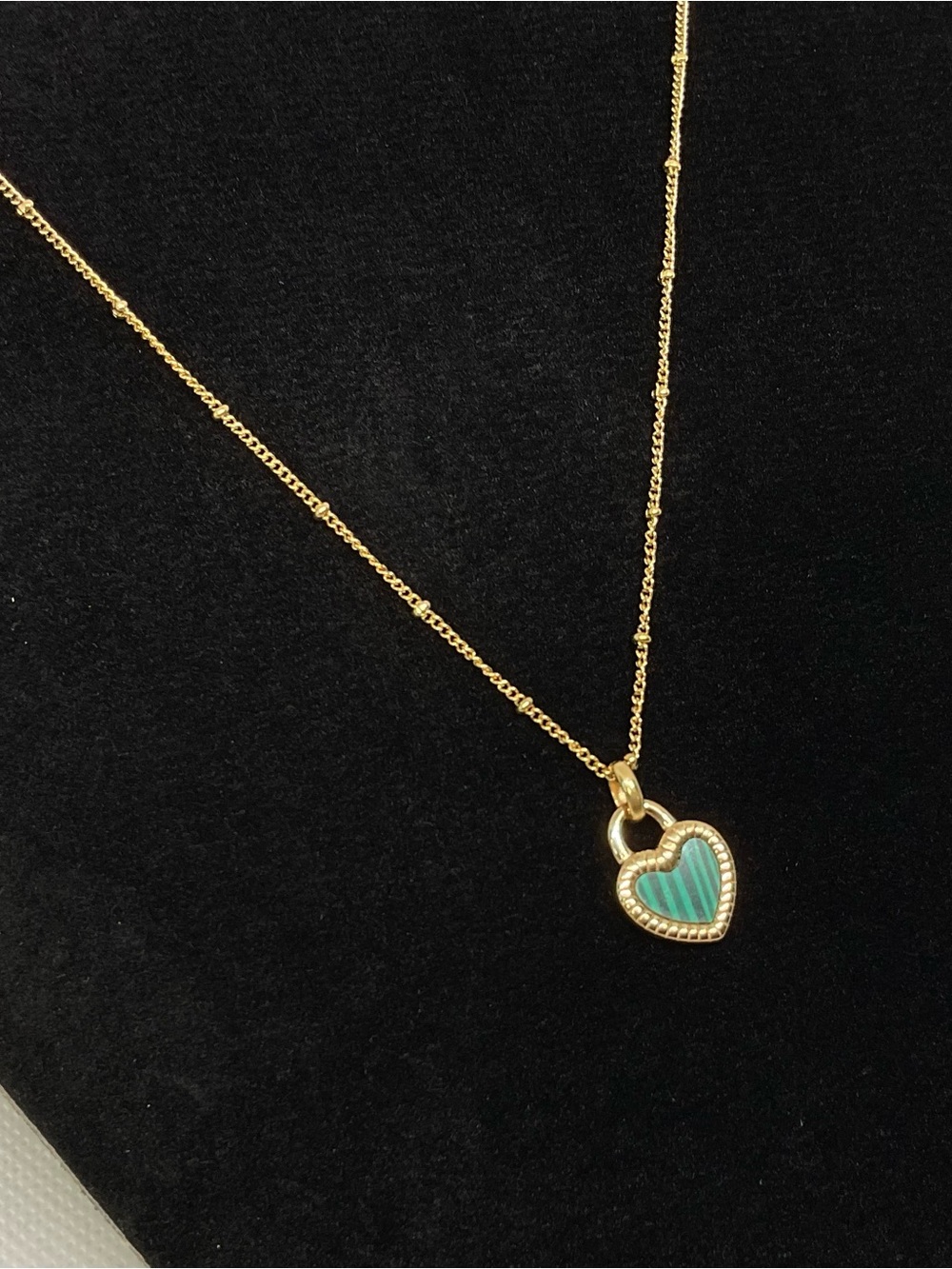 Gold Heart Pendant Necklace with Green Enamel Inlay - Women Jewelry